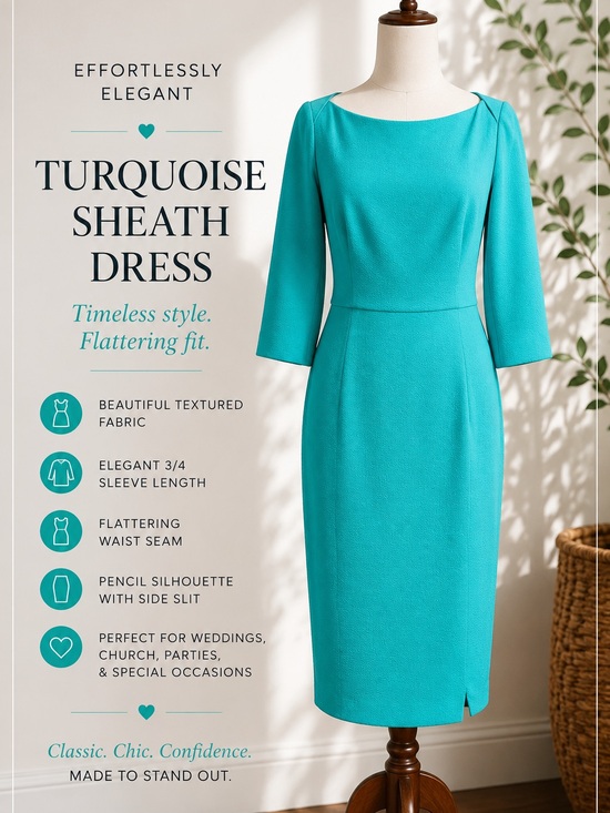 Black Halo Dresses & Skirts - Black Halo Turquoise Teal Sheath Dress 3/4 Sleeve Career Cocktail Dress